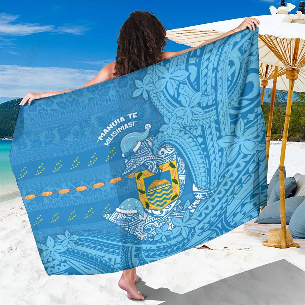 Navy Blue Tribal Waves Dolphins Santa Xmas Print Sarong South Pacific Tropical Beach Wrap Pareo Wholesale - main view