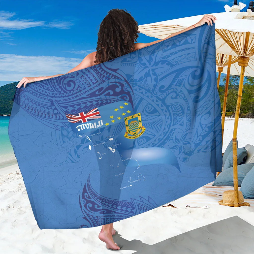 Navy Tuvalu Heritage Sarong with Map of the Islands & Polynesia Pattern, Beach Wrap Cover Up for Resort Wear, Wholesale Pareo - main view