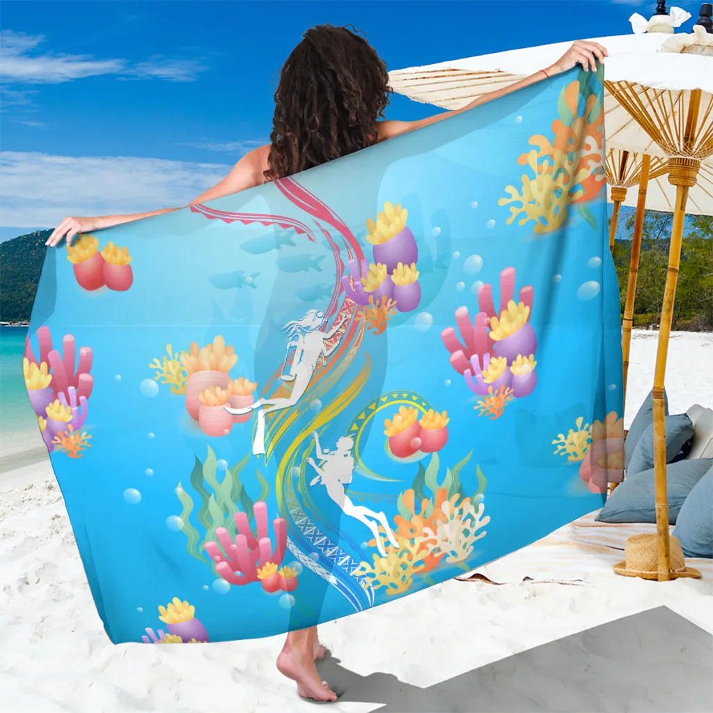 Deep Blue Gradient Turtle Hibiscus Polynesian Print Sarong Beach Wrap Resort Cover Up Wholesale Pareo - main view