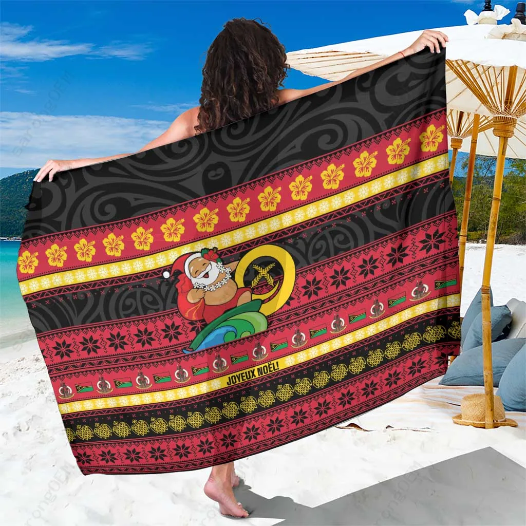Red Green Vanuatu Christmas Surfing Santa Boar Tusk Print Sarong South Pacific Beach Wrap Wholesale Pareo