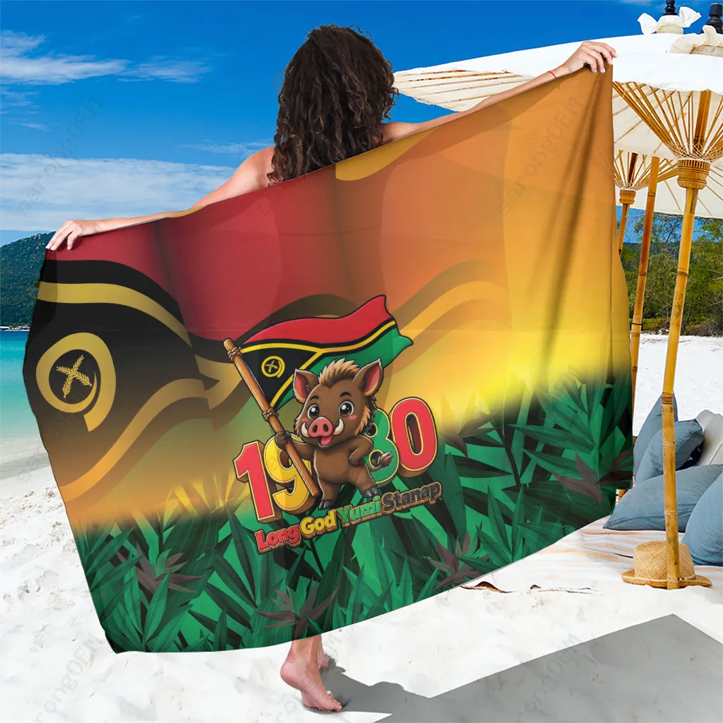 White Vanuatu Independence Day Chibi Boar Tribal Print Sarong South Pacific Beach Wrap Pareo Wholesale - main view