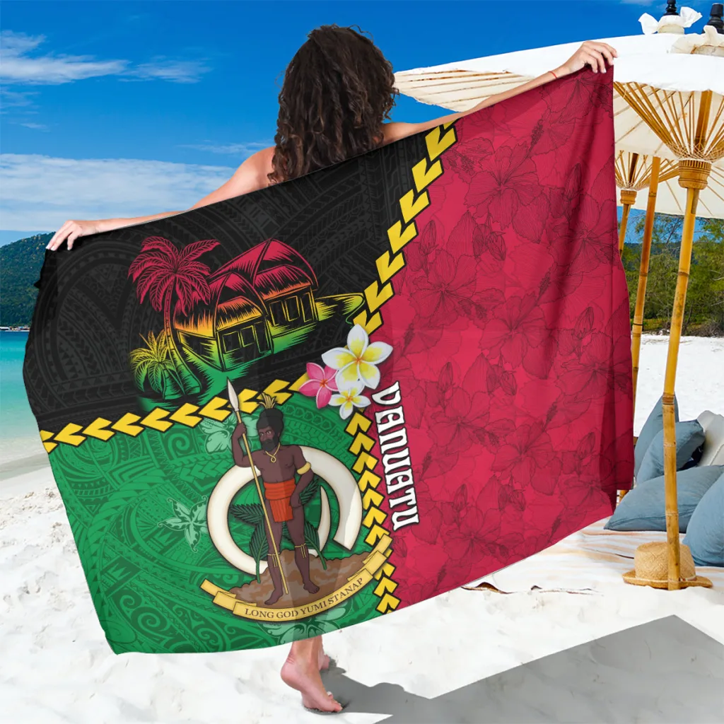 White Plumeria & Hibiscus Tribal Print Sarong Polynesian Vanuatu Beach Wrap Wholesale Pareo - main view