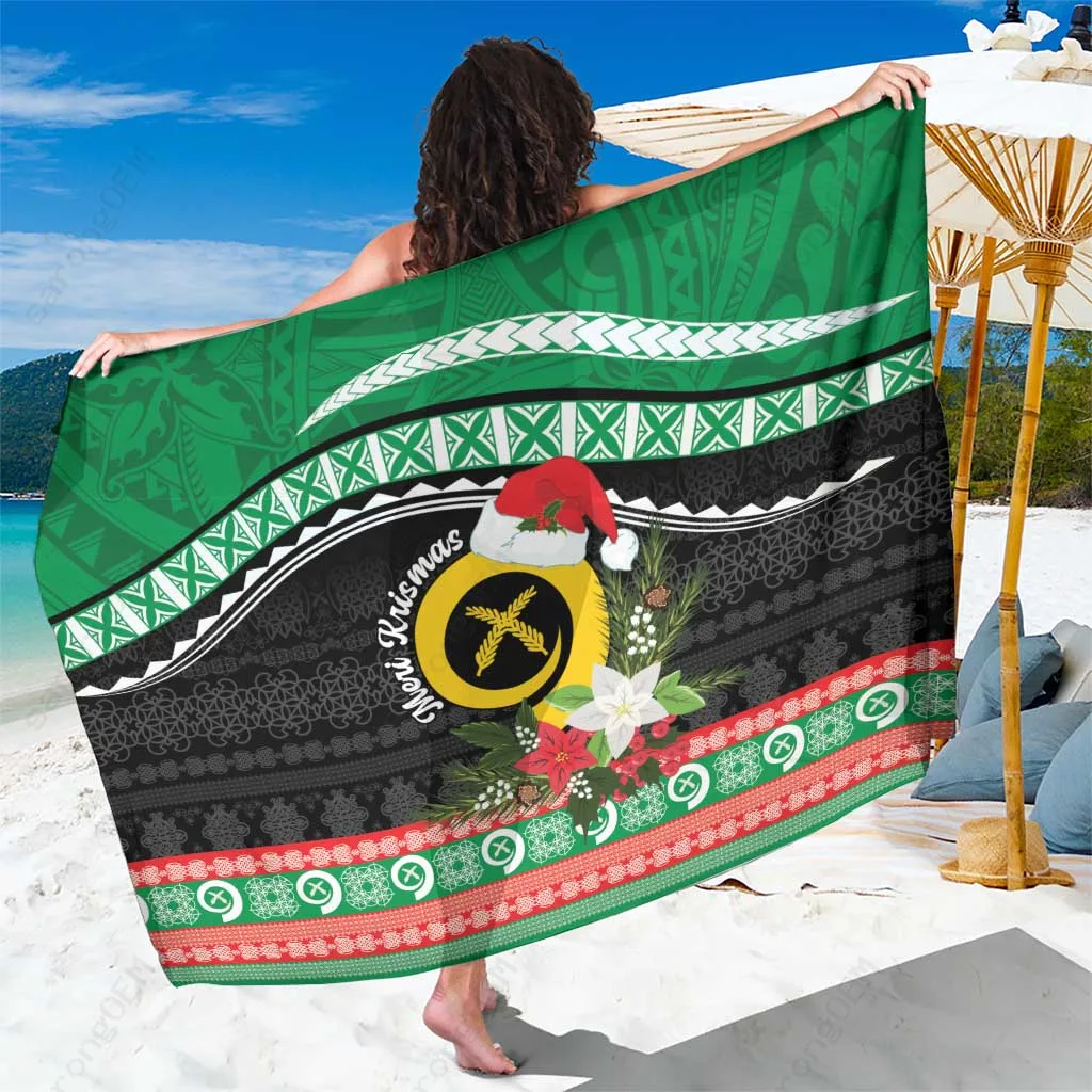 Cream White Vanuatu Pig Tusk Meri Krismas Hand-Drawn Sand Pattern Print Sarong South Pacific Island Beach Wrap Wholesale Pareo - main view
