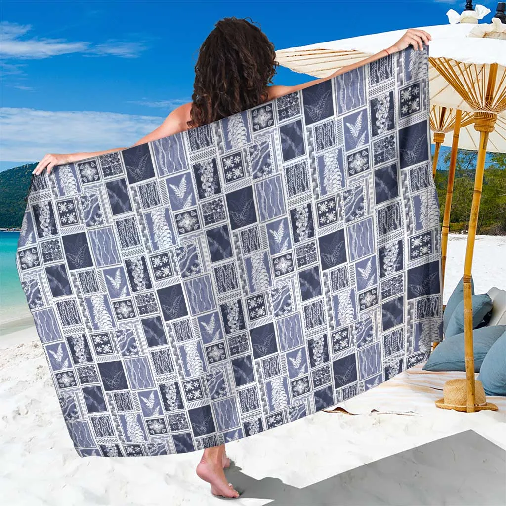Blue Vintage Aloha Lei Motifs Floral Quilt Print Sarong Tropical Beach Wrap Wholesale Pareo - main view