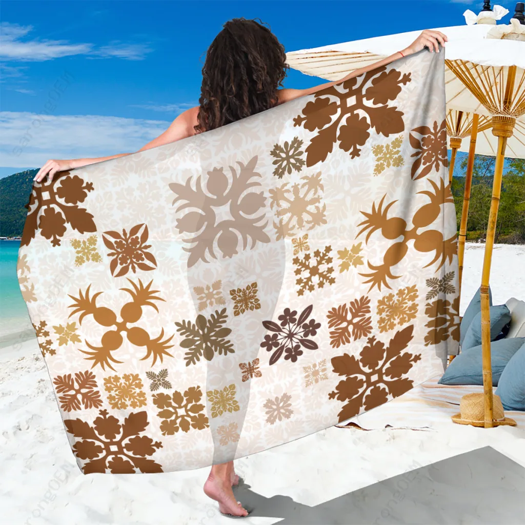 Beige Vintage Hawaii Quilt Kapa Print Sarong Polynesian Beach Wrap Tropical Resort Cover Up Wholesale Pareo - main view