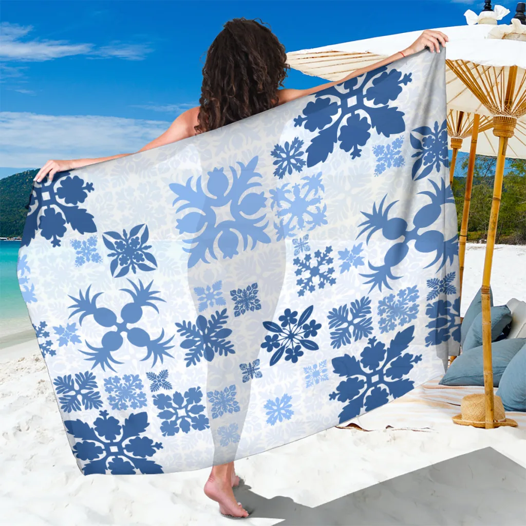 Blue Vintage Hawaii Sarong with Quilt Kapa Mismatch Print, Hawaiian Beach Wrap Pareo for Resort Wear Wholesale - main view