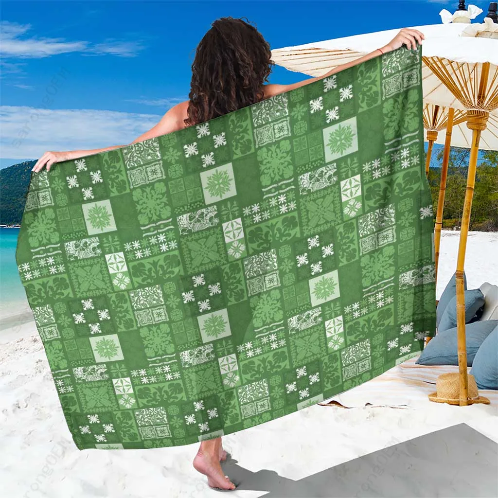Green Vintage Hawaiian Quilting Tribal Patchwork Print Sarong Beach Wrap for Resort Hotel Wholesale Pareo - main view