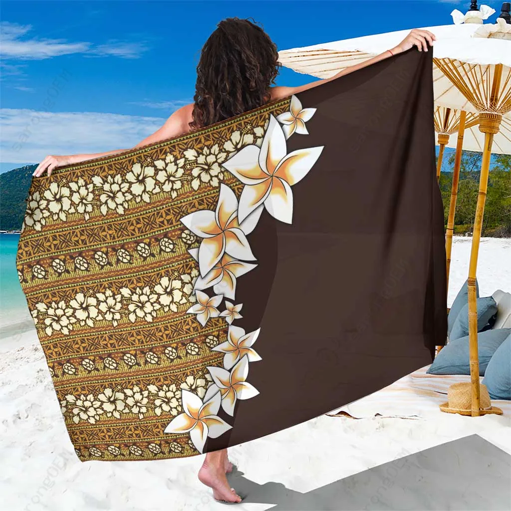 Light Blue Vintage Hibiscus Turtle Plumeria Print Sarong Tropical Beach Wrap Pareo Wholesale - main view