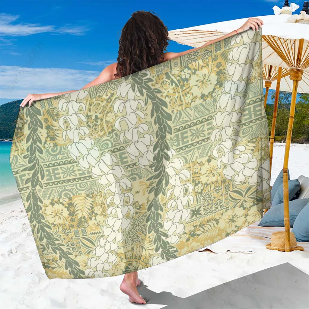 Vintage Yellow Puakenikeni Maile Lei Floral Print Sarong Hawaiian Tribal Beach Wrap Wholesale Pareo - main view