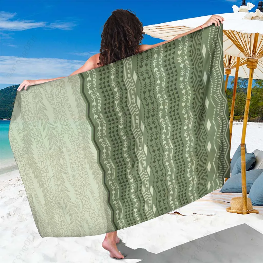 Vintage Sage Green Hawaiian Traditional Kapa Mix Flowers Lei Sarong Beach Wrap Cover Up Wholesale Pareo - main view