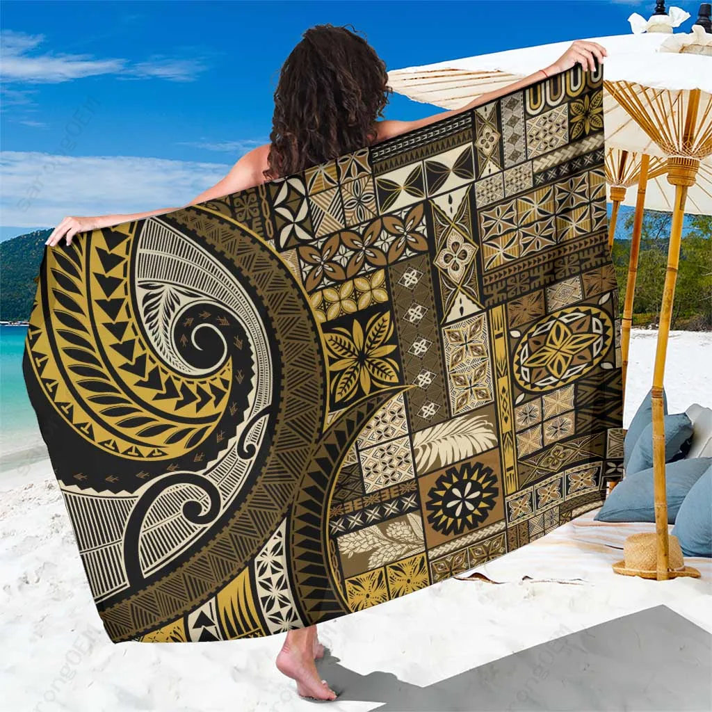 Gold Samoan Tapa Motif Mandala Print Sarong Polynesian South Pacific Beach Wrap Wholesale Pareo - main view