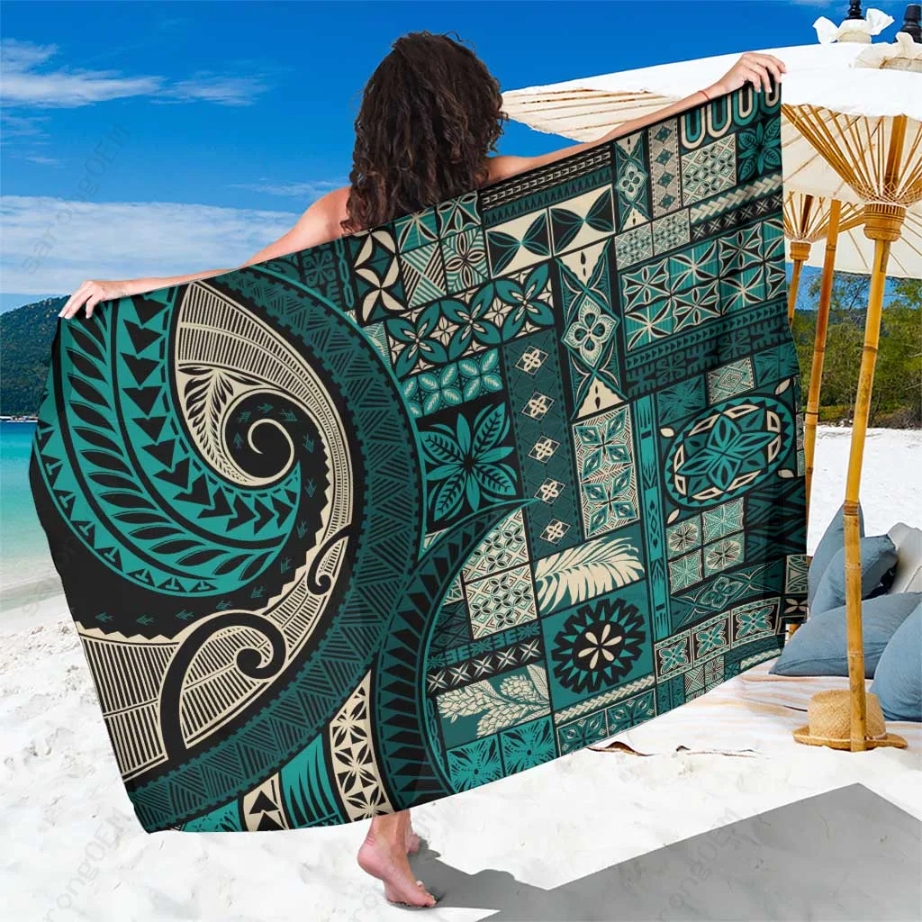 Teal Samoa Siapo Tribal Print Sarong Beach Wrap Polynesian Island Cover Up Wholesale Pareo - main view