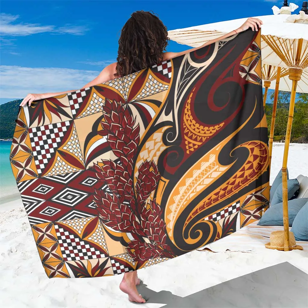 Cream Vintage Samoa Siapo Tribal Teuila Torch Ginger Floral Print Sarong Beach Wrap Polynesian Resort Cover Up Wholesale Pareo - main view