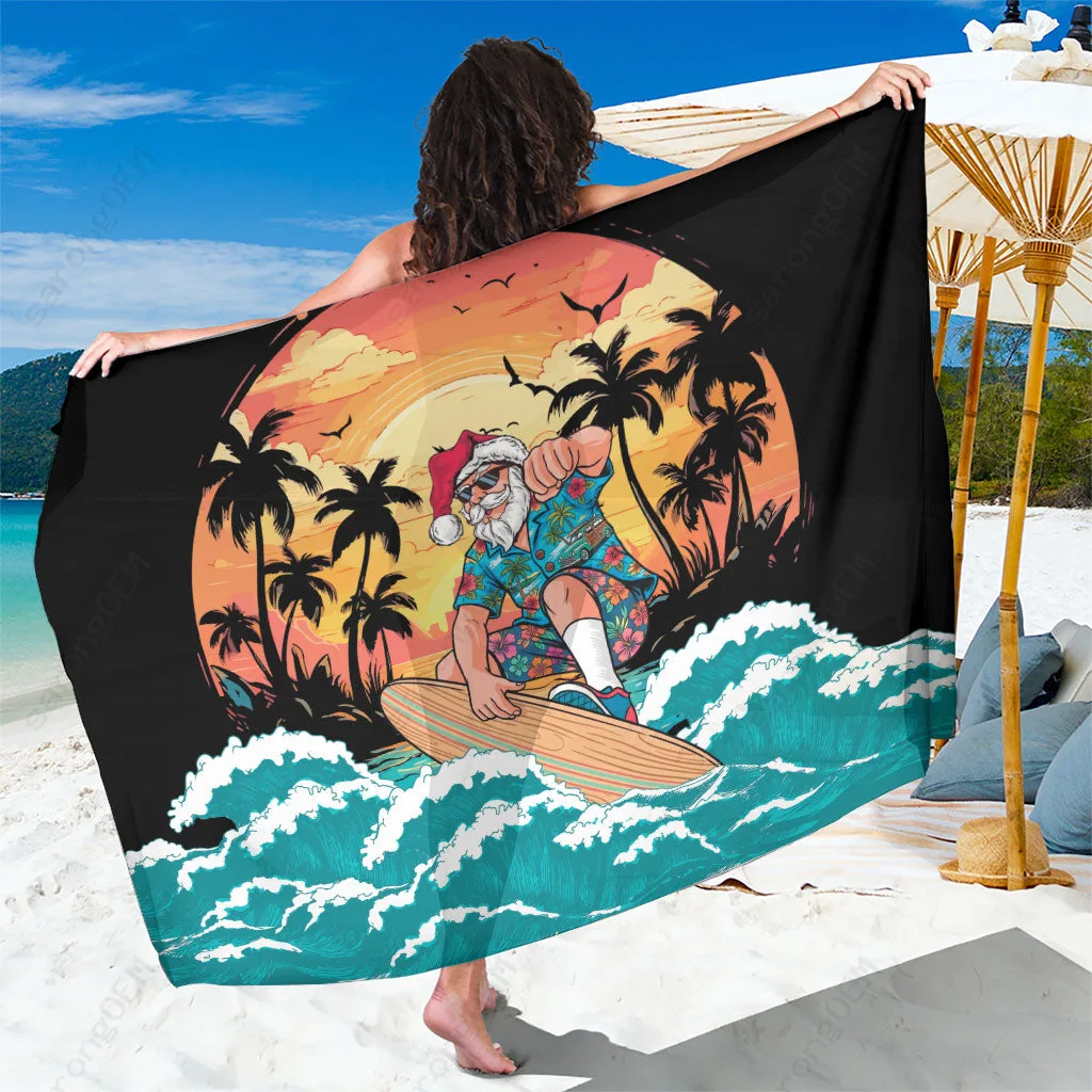 Red Vintage Santa Claus Surfing Summer Print Sarong Hawaiian Tropical Beach Wrap Wholesale Pareo - main view
