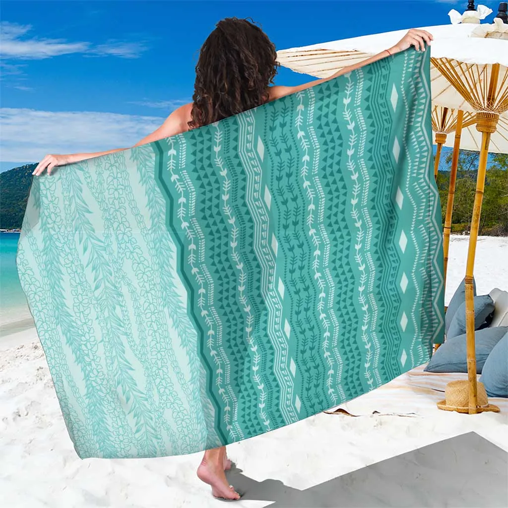 Vintage Teal Hawaiian Traditional Kapa Mix Flowers Lei Sarong Polynesian Beach Wrap Cover Up Wholesale Pareo - main view
