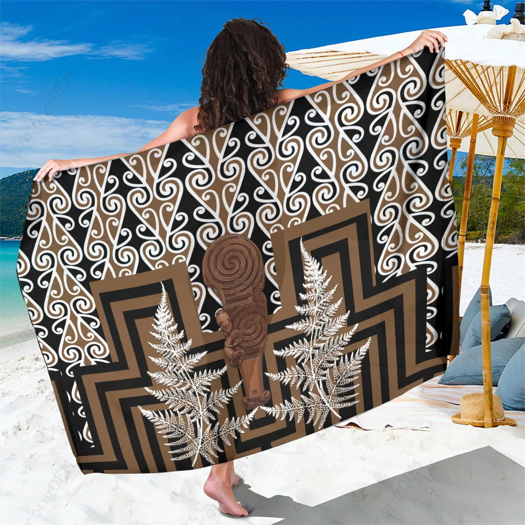 Black Maori Weapon Kowhaiwhai Fern Poutama Motifs Print Sarong Polynesian Beach Wrap Wholesale Pareo - main view