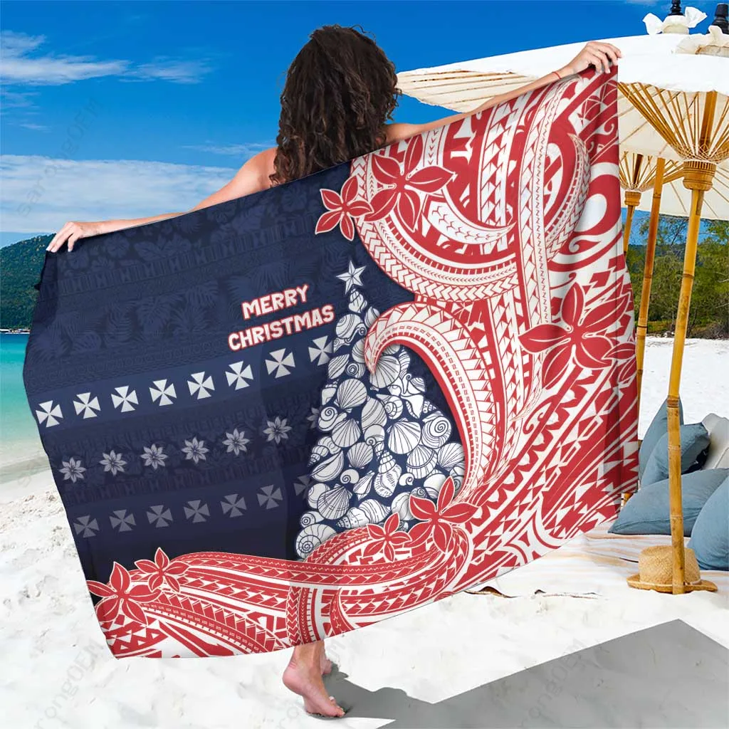 Deep Blue Tribal Waves Seashell Christmas Tree Print Sarong Polynesian Beach Wrap Resort Cover Up Wholesale Pareo - main view