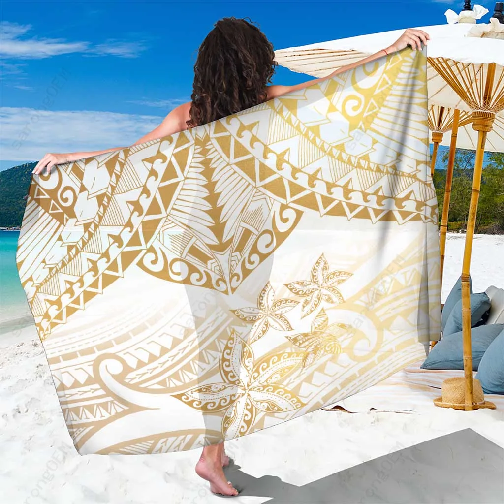 White Gold Polynesia Plumeria Tattoo Print Sarong Beach Wrap Tropical Island Cover Up Wholesale Pareo