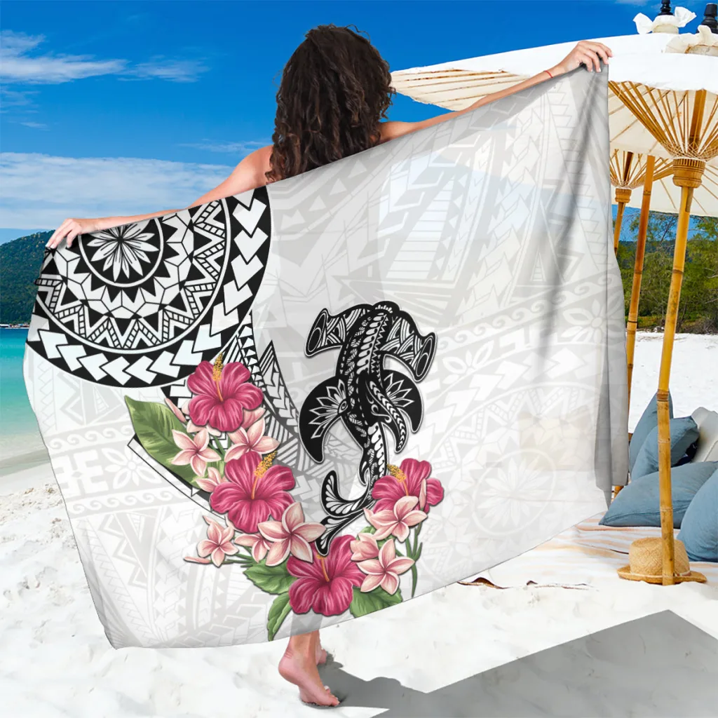 White Polynesian Hammerhead Shark Tribal Pattern Sarong Beach Wrap Summer Cover Up Pareo Wholesale - main view
