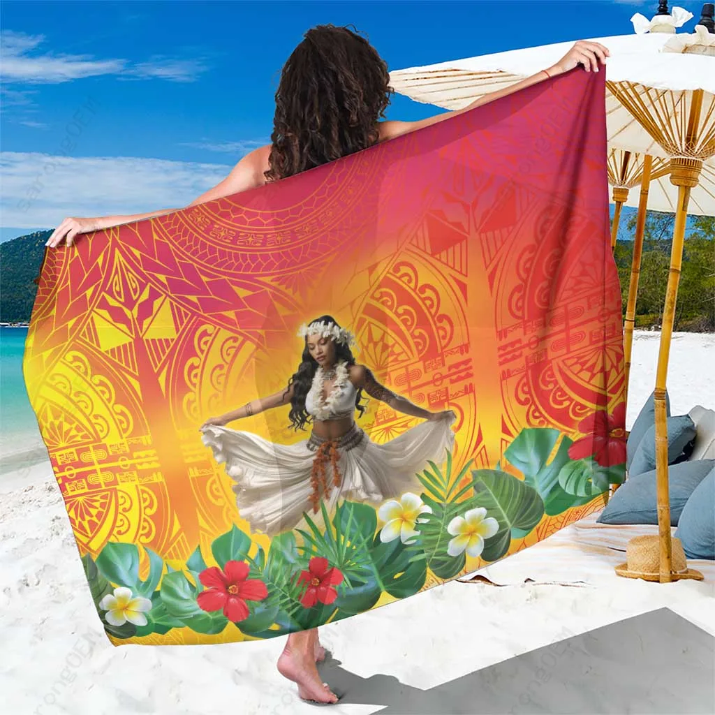Vibrant Tropical Flower Polynesian Tattoo Print Sarong Beach Wrap Pareo for Resort Hotel Wholesale - main view
