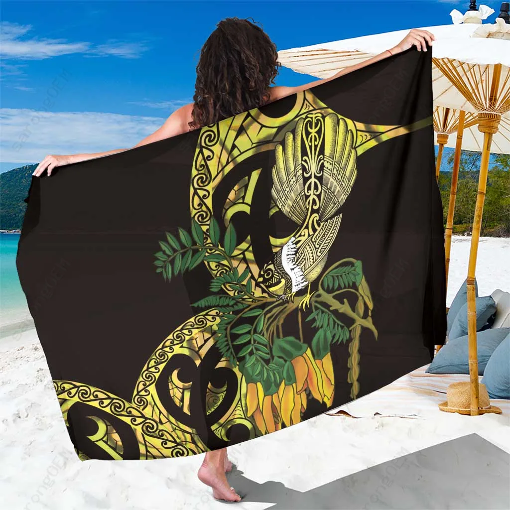 Yellow New Zealand Kowhai Flower Piwakawaka Maori Ngaru Wave Paua Shell Print Sarong Beach Wrap Resort Cover Up Wholesale Pareo - main view