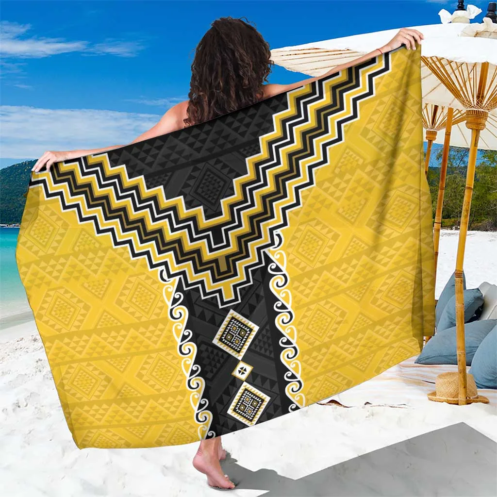 Yellow Niho Taniwha Mix Poutama Print Sarong Unique Taniko Aotearoa Polynesian Beach Wrap Wholesale Pareo - main view