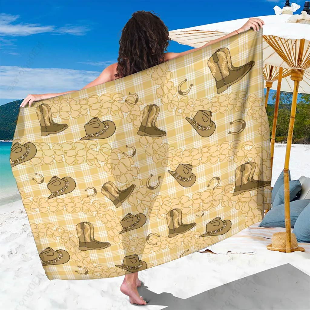 Yellow Palaka Hawaii Cowboy Sarong with Puakenikeni Lei Paniolo Papale Print Beach Wrap Wholesale Pareo - main view