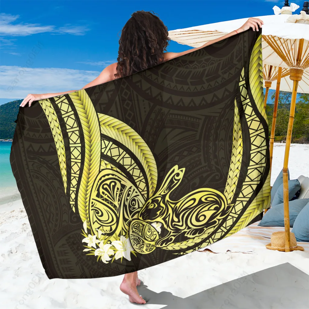 Yellow Easter Day Eggs Bunny Polynesian Pattern Sarong Beach Wrap Resort Cover Up Wholesale - main view