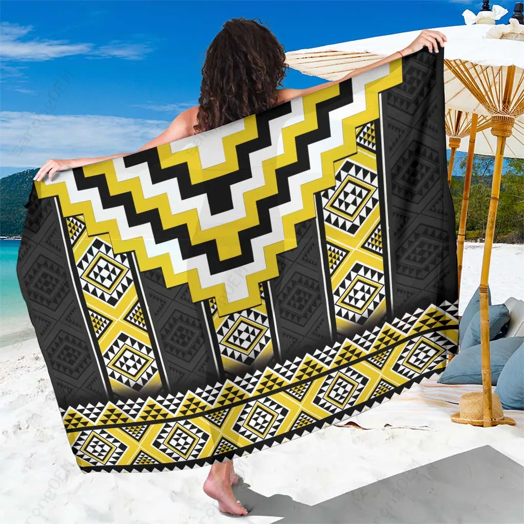 Yellow Niho Taniwha Poutama Geometric Print Sarong Polynesian Beach Wrap Pareo for Resort Hotel Wholesale - main view