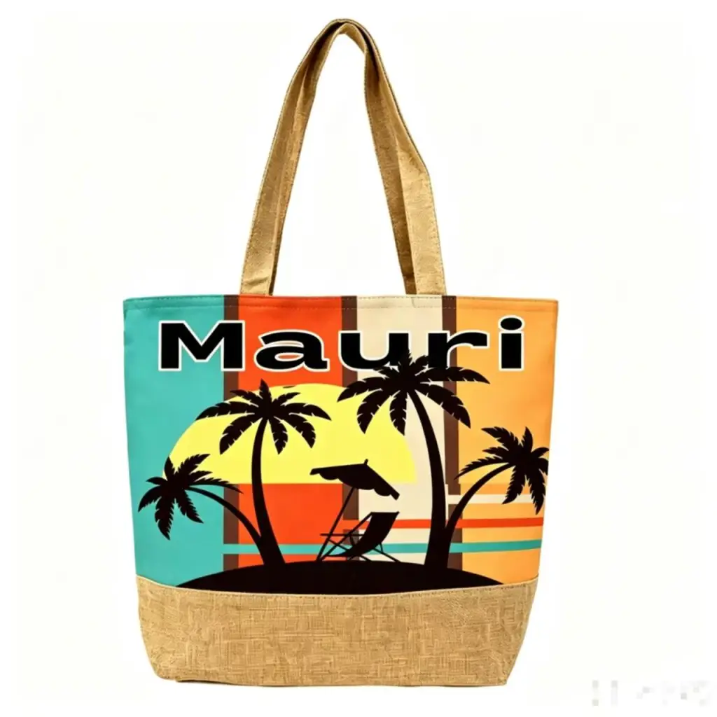 Mauri Retro Striped Coconut Tree Resort Linen Patchwork Tote Bag - Tote bag