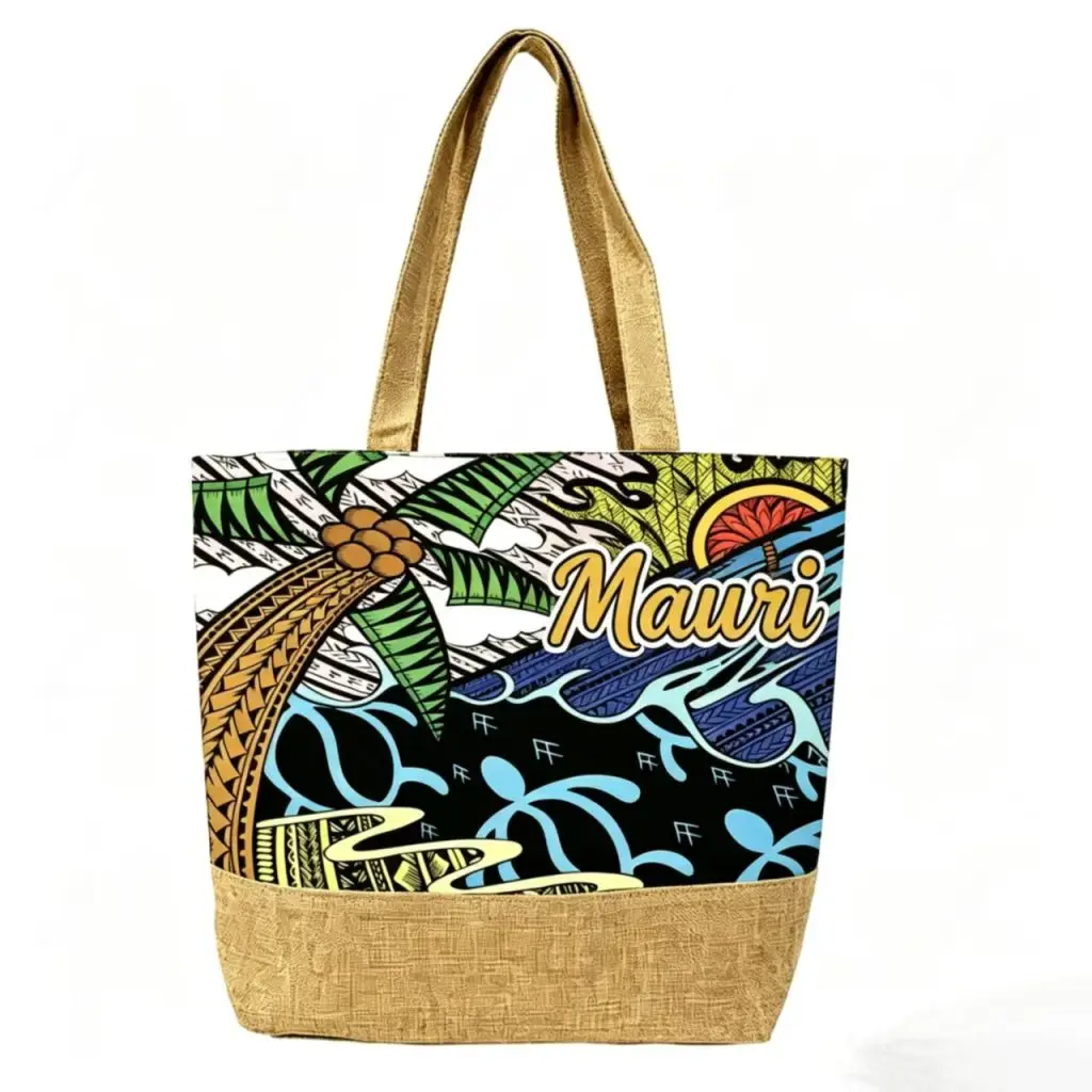 Polynesian Ethnic Tote Bag Island Coconut Tree Print Jute Bottom Large Capacity Beach Bag - Tote bag