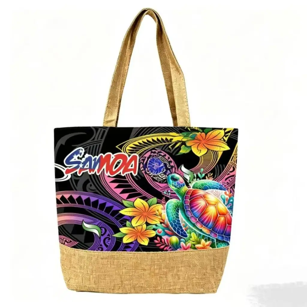 Samoa Rainbow Turtle Polynesian Tote Bag with Jute Bottom Patchwork - Tote bag