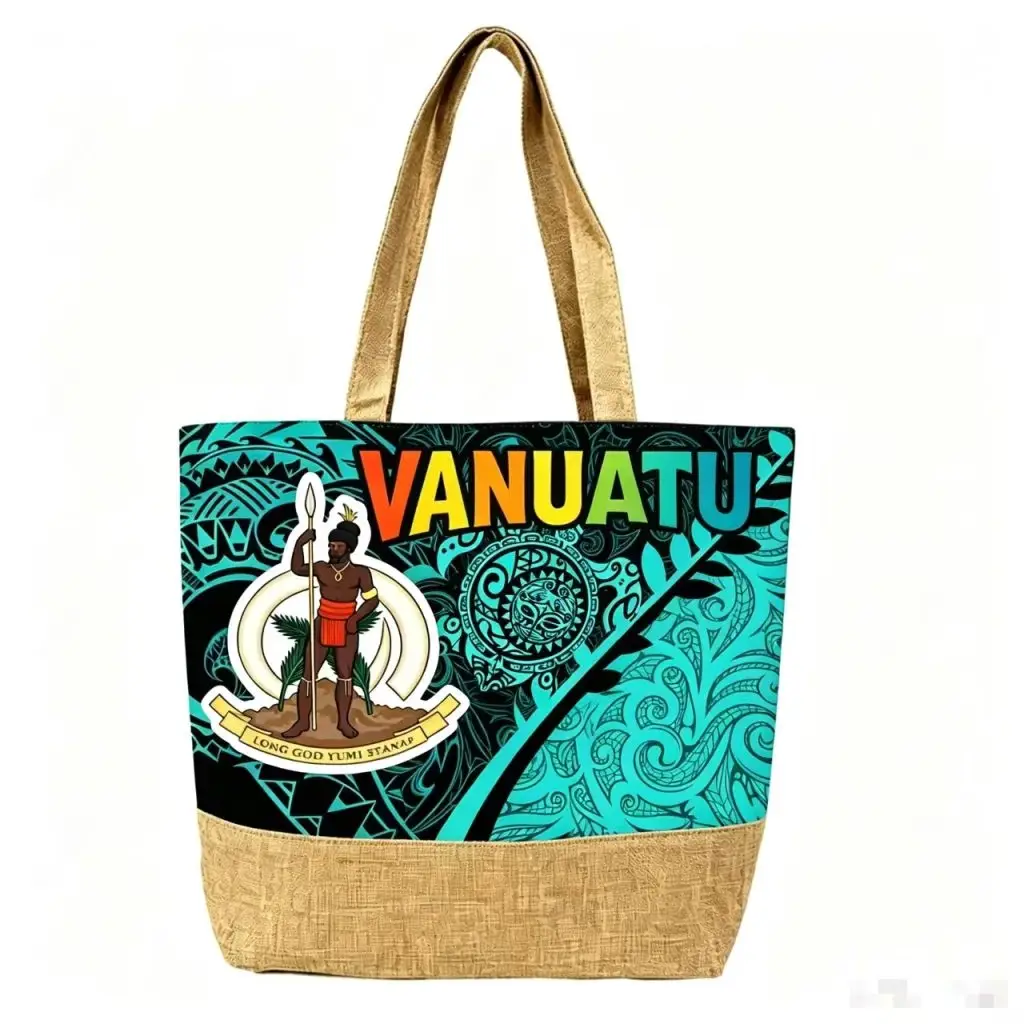 Vanuatu Emblem Ethnic Totem Print Linen Patchwork Tote Bag - Tote bag