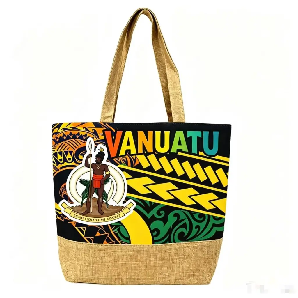 Vanuatu Ethnic Totem Emblem Print Hemp Bottom Patchwork Tote Bag - Tote bag