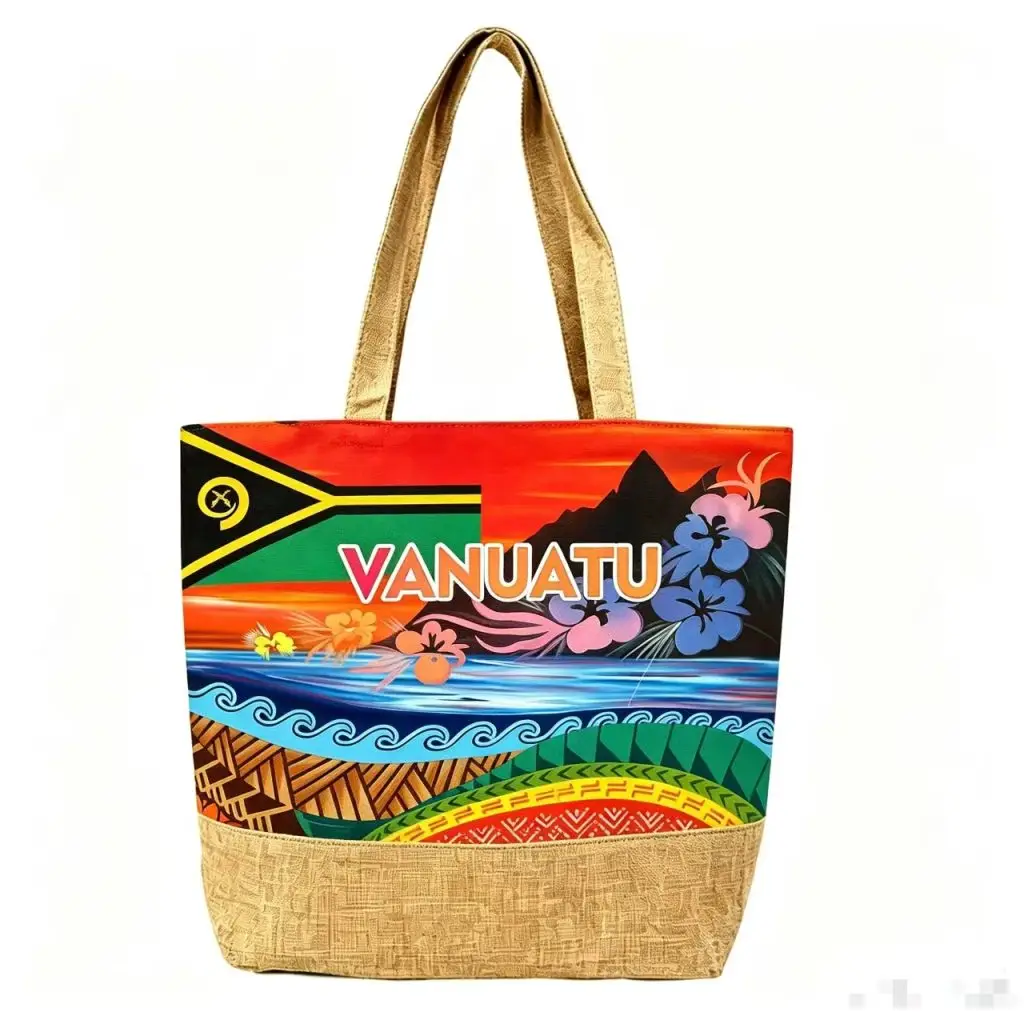 Vanuatu Flag Scenery Floral Print Jute Stitched Large Capacity Tote Bag - Tote bag