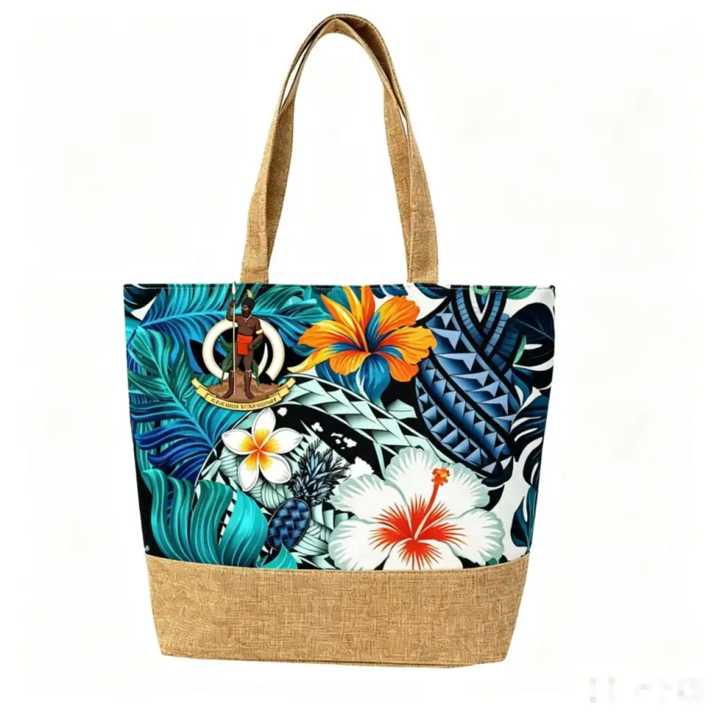Vanuatu Tropical Floral Polynesian Pattern Jute Bottom Tote Bag - Tote bag