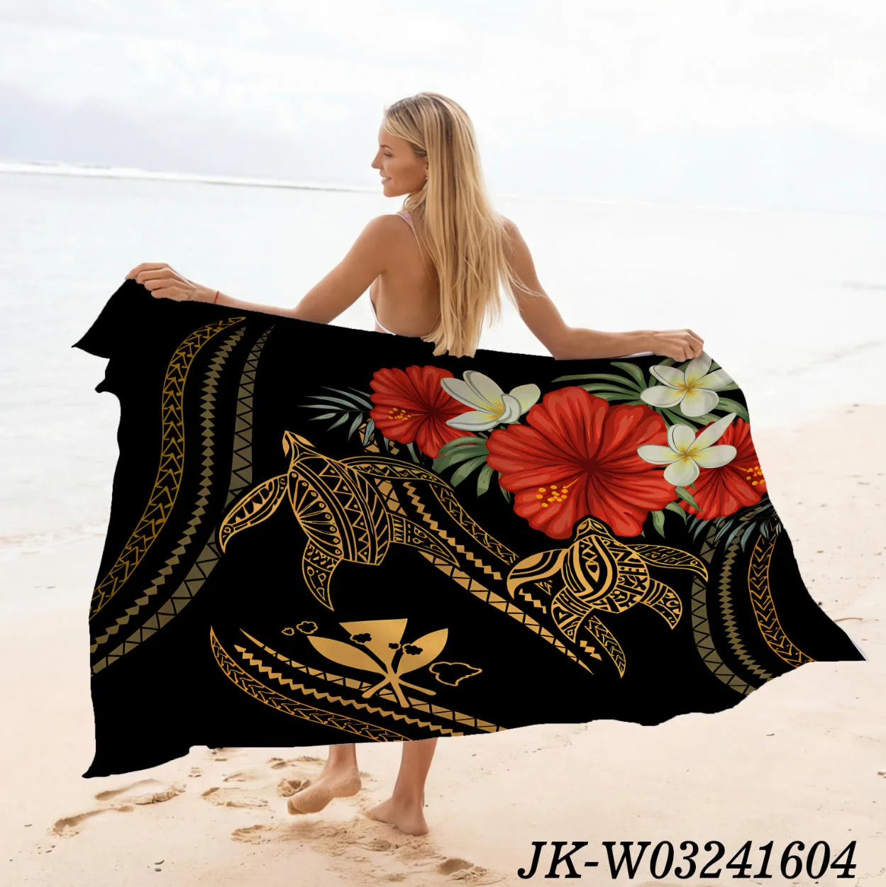 Black Base Gold Polynesian Turtle Hibiscus Plumeria Sarong, Vintage Golden Tribal Traditional Island Custom Print Pareo Fabric - Animal