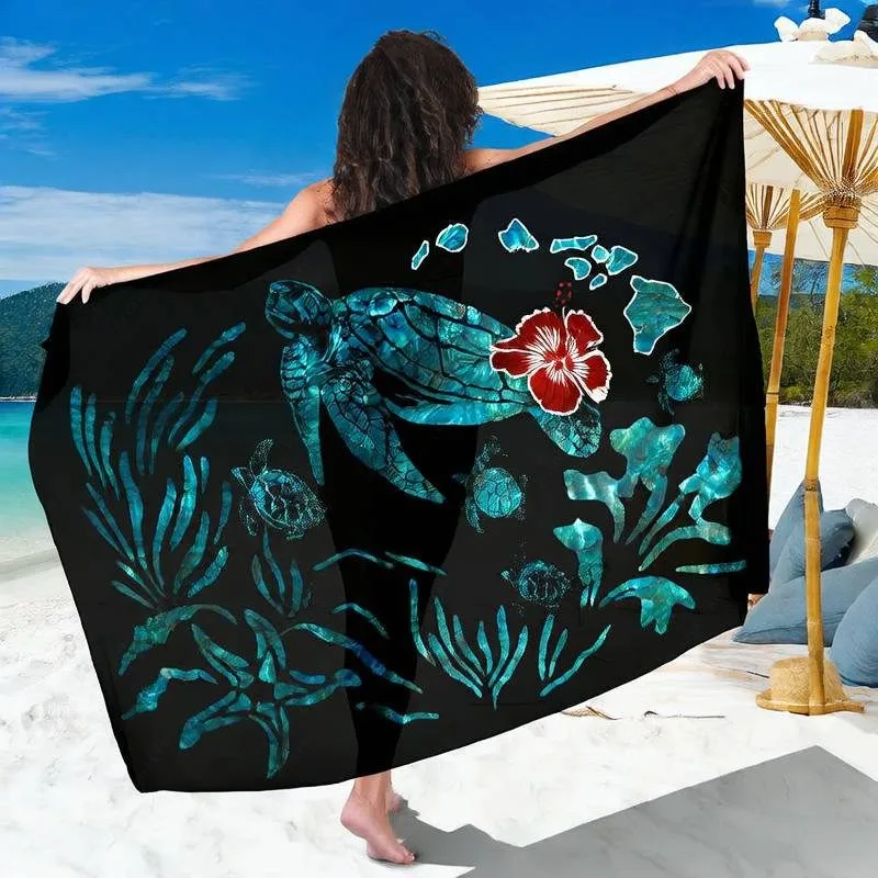 Black Base Mother-of-Pearl Hawaiian Island Map Turtle Seaweed Hibiscus Sarong, Polynesian Ocean Style Custom Print Beach Pareo Fabric - Animal - main view