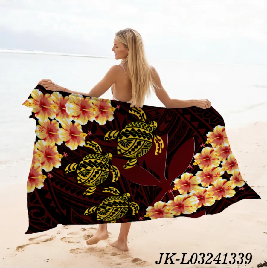 Burgundy Tribal Turtle Hibiscus Full Print Sarong, Polynesian Vintage Tattoo Resort Beach Lavalava Pareo Cover Up - Animal