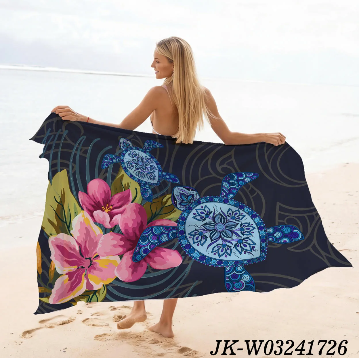 Dark Navy Ethnic Pattern Turtle Plumeria Sarong, South Pacific Tropical Floral Tribal Tattoo Resort Beach Lavalava Cover Up - Animal