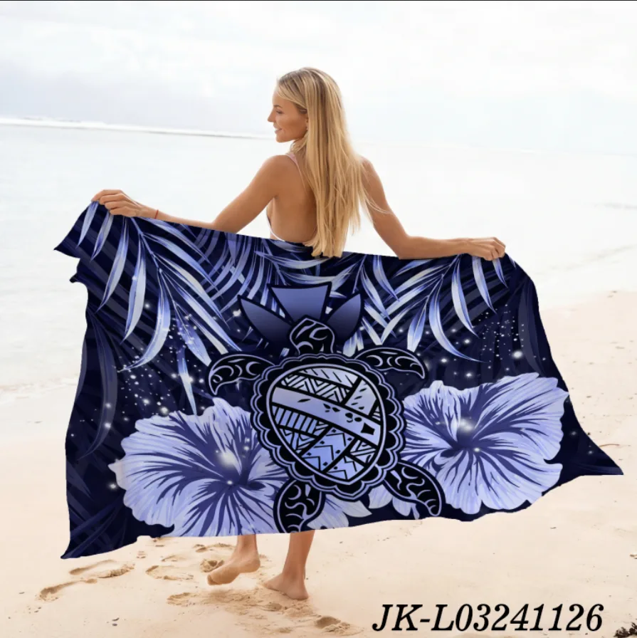 Dark Navy Night Style Tribal Turtle Hibiscus Palm Sarong, South Pacific Island Tattoo Custom Print Beach Pareo Fabric - Animal