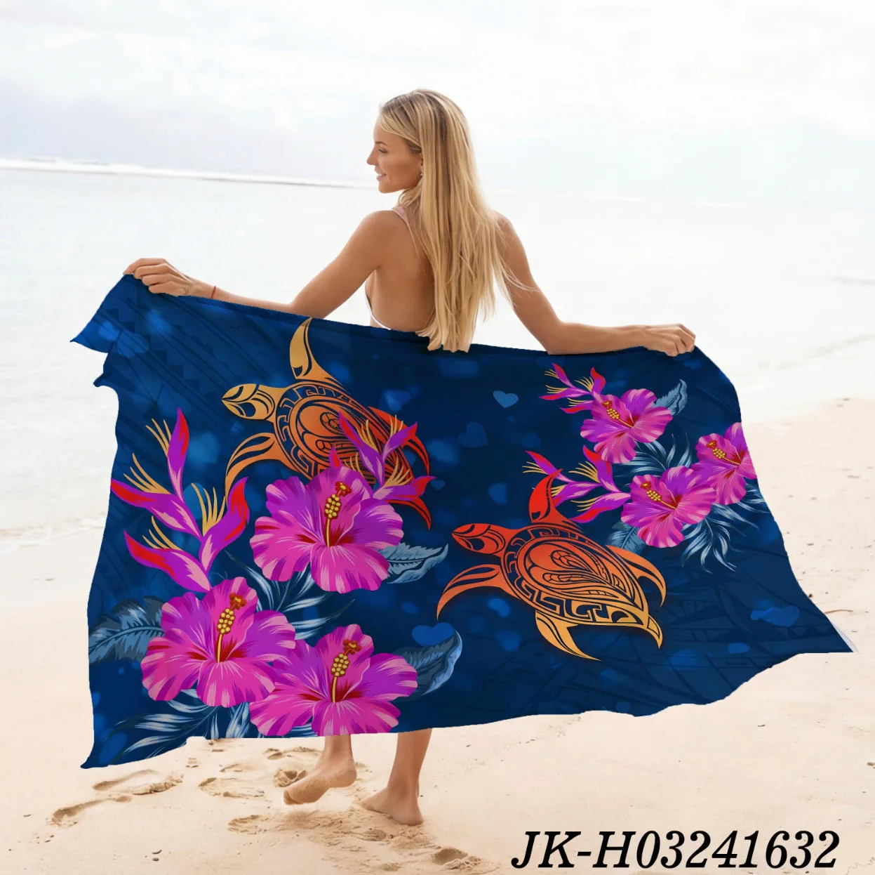 Deep Blue Contrast Golden Turtle Hibiscus Heliconia Full Print Sarong, Polynesian Tropical Floral Tribal Wholesale Beach Pareo Cover Up - Animal