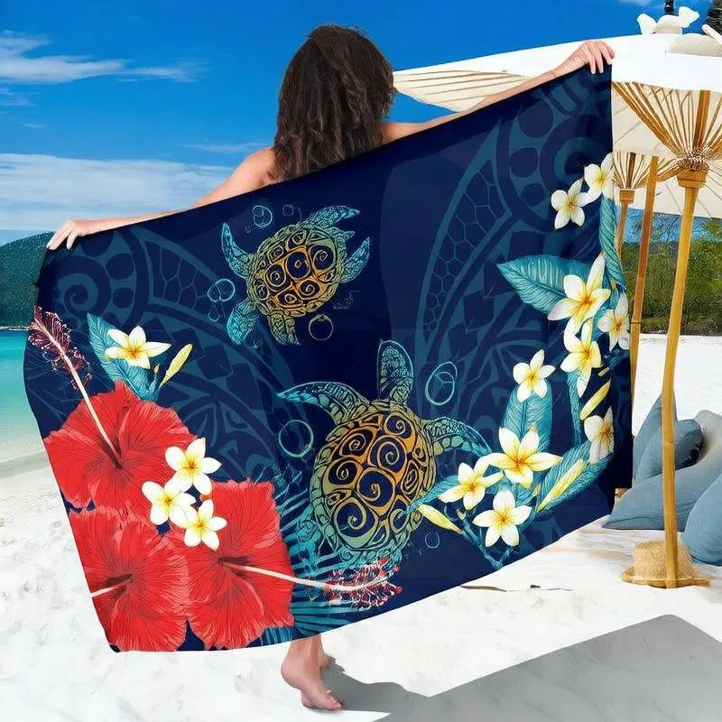 Deep Navy Double Gradient Tribal Turtle Hibiscus Plumeria Sarong, South Pacific Tropical Floral Resort Beach Lavalava Cover Up - Animal - main view