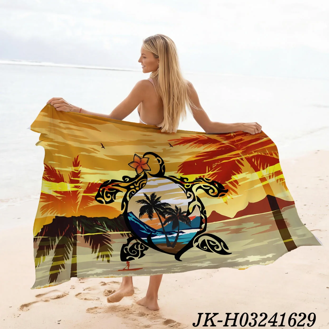Hawaiian Sunset Palm Island Landscape Turtle Print Sarong, Polynesian Surf Scenery Traditional Island Pareo Wrap - Animal