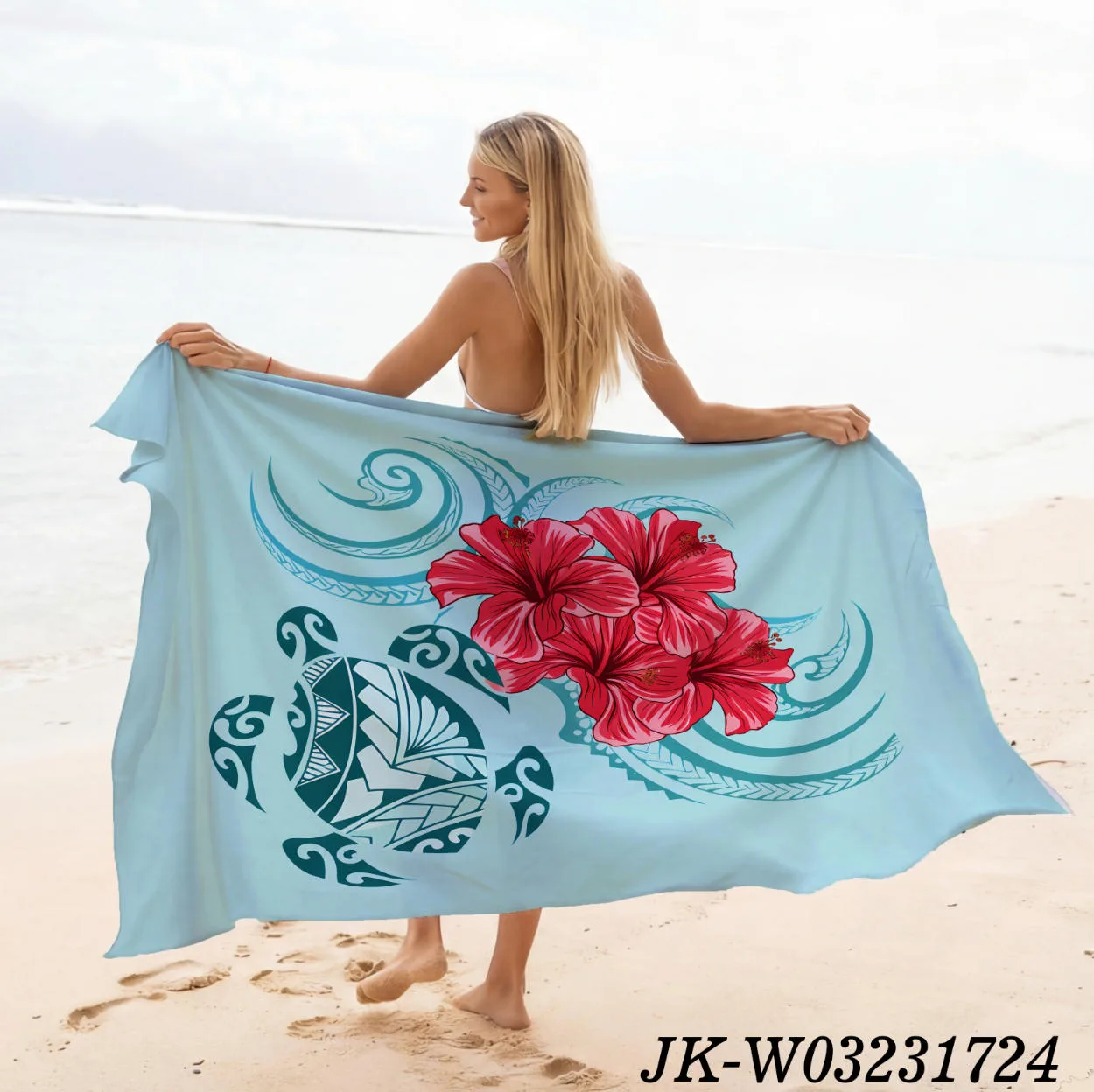 Light Cyan Simple Tribal Swirl Turtle Hibiscus Sarong, Minimal Hawaiian Tropical Floral Resort Beach Wrap - Animal