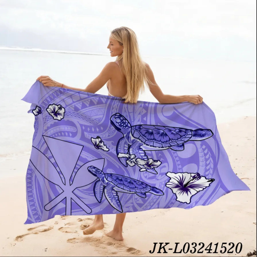 Light Purple Polynesian Sea Turtle Hibiscus Print Sarong, Hawaiian Kanaka Tribal Tattoo Island Beach Pareo Wrap - Animal