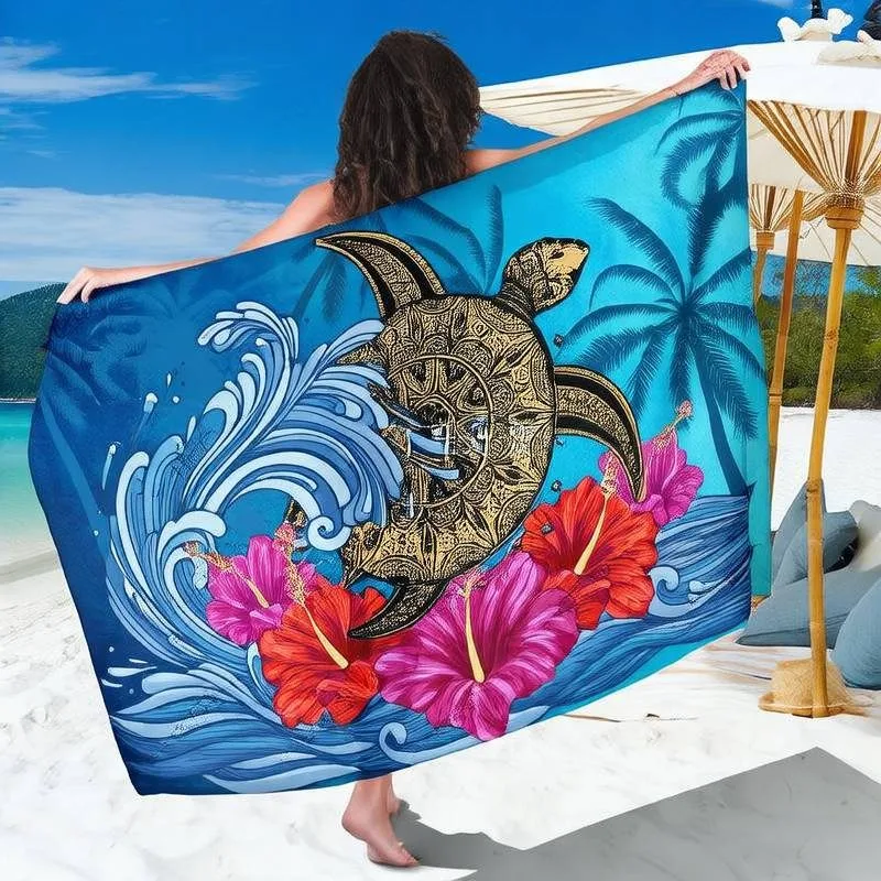 浅蓝海浪棕榈曼陀罗金纹海龟扶桑印花纱笼 热带海洋风情部落图腾沙滩裹裙批发 Pareo - Animal - main view