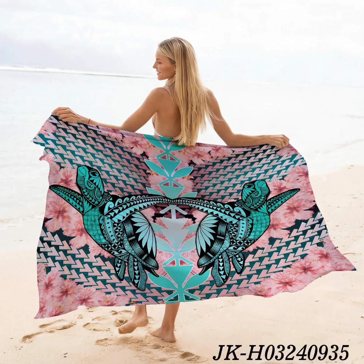 Pink Base Polynesian Symmetric Double Turtle Hibiscus Print Sarong, Hawaiian Kanaka Tribal Geometric Beach Rayon Pareo Wrap - Animal