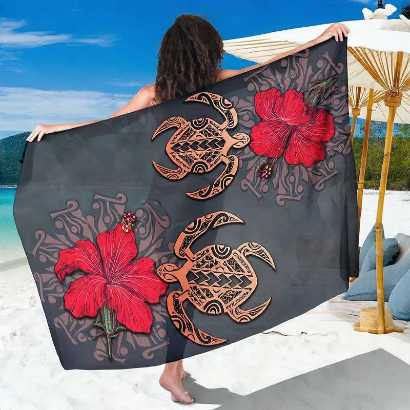 Semi-transparent Grey Copper Symmetric Tribal Turtle Hibiscus Sarong, Minimal Polynesian Vintage Floral Resort Beach Cover Up - Animal - main view