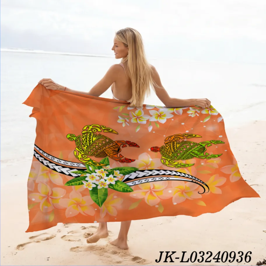 Warm Orange Polynesian Double Turtle Plumeria Sarong, Tropical Frangipani Tribal Pattern Resort Beach Wrap - Animal